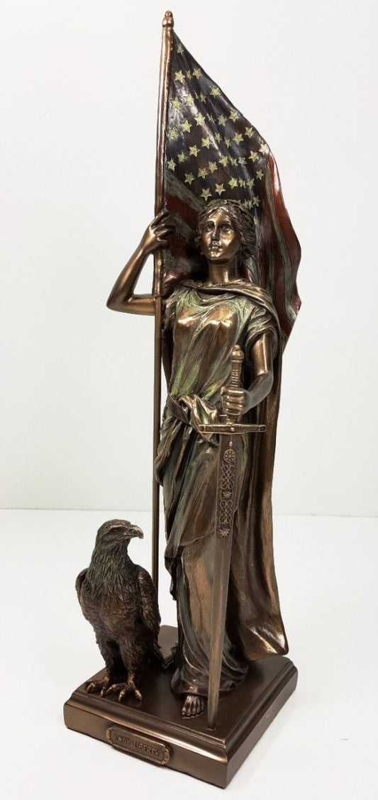 14 1/2" Lady Liberty Standing W American Flag and Eagle Statue Bronze Finish