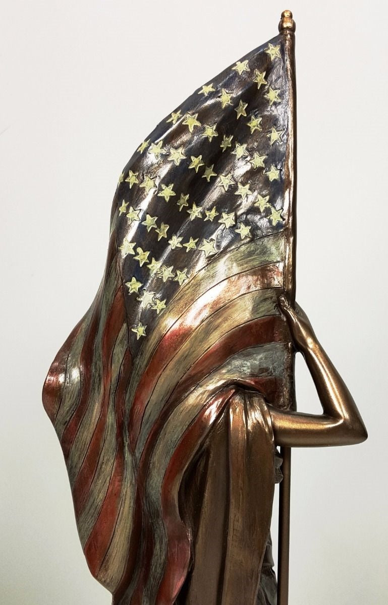 14 1/2" Lady Liberty Standing W American Flag and Eagle Statue Bronze Finish