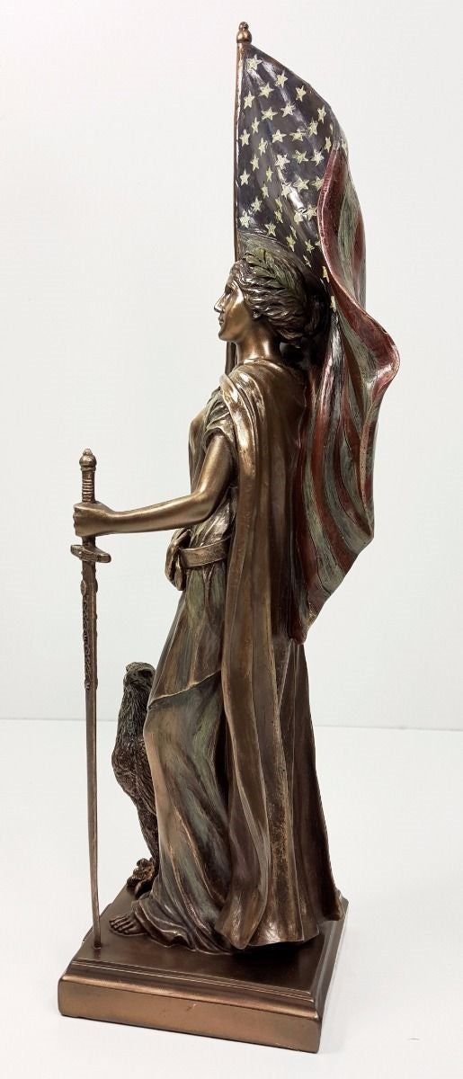 14 1/2" Lady Liberty Standing W American Flag and Eagle Statue Bronze Finish