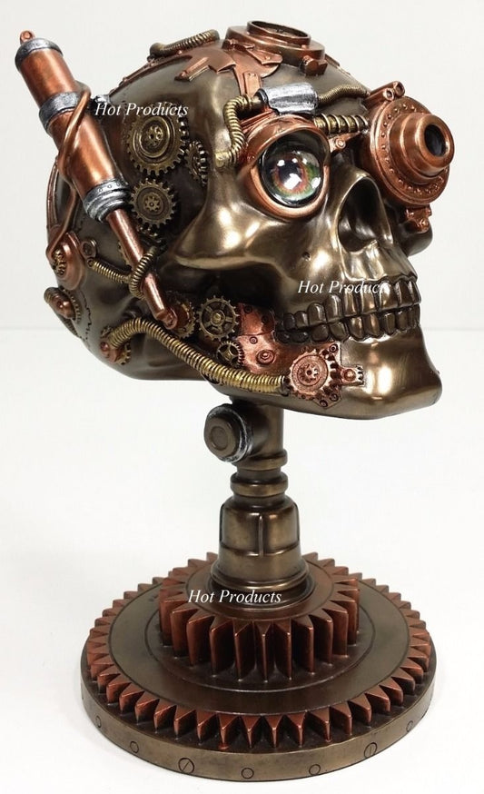 8 3/4" STEAMPUNK HUMAN SKULL on Gear Stand Statue Sculpture Bronze Copper Color