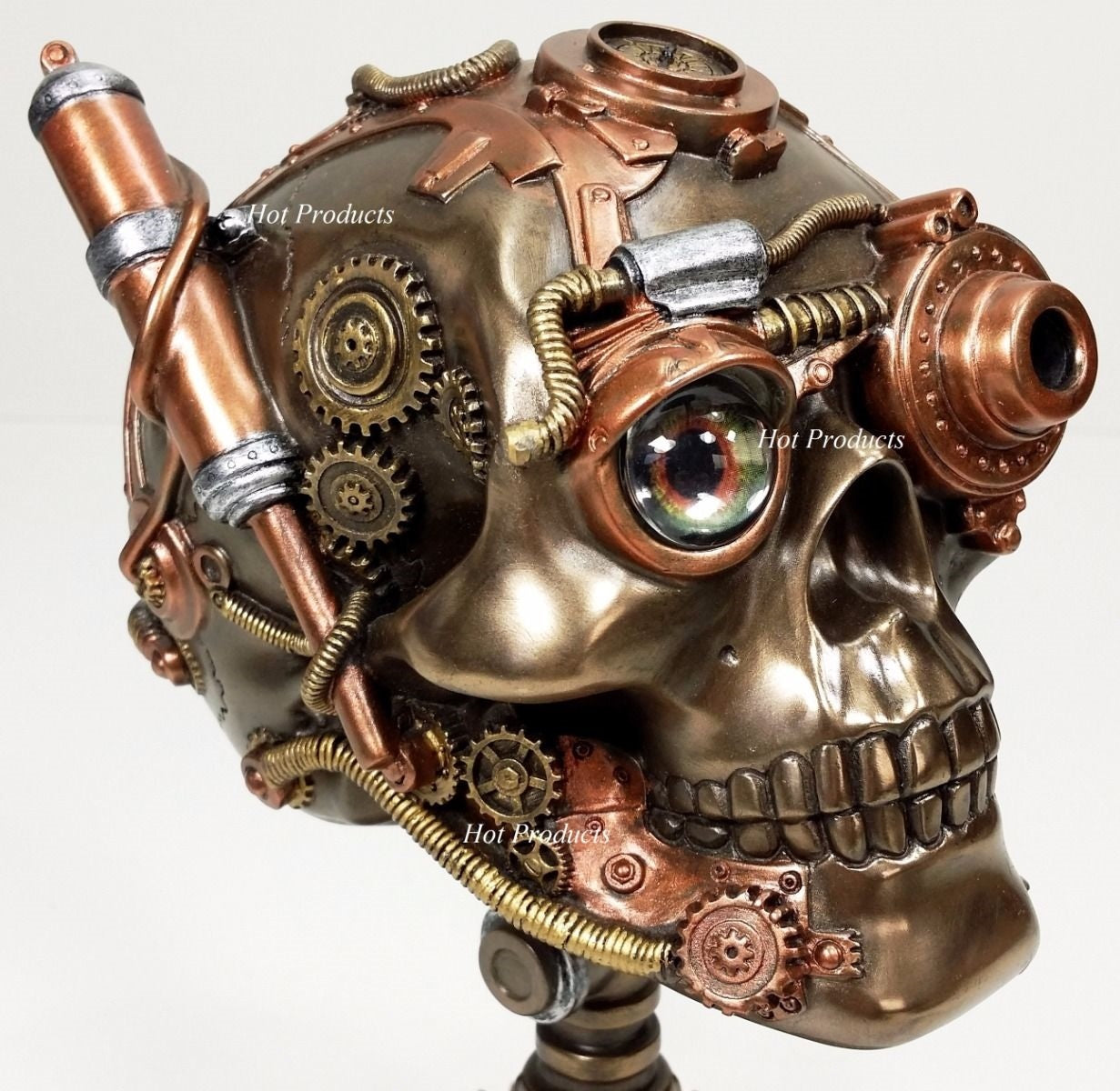 8 3/4" STEAMPUNK HUMAN SKULL on Gear Stand Statue Sculpture Bronze Copper Color