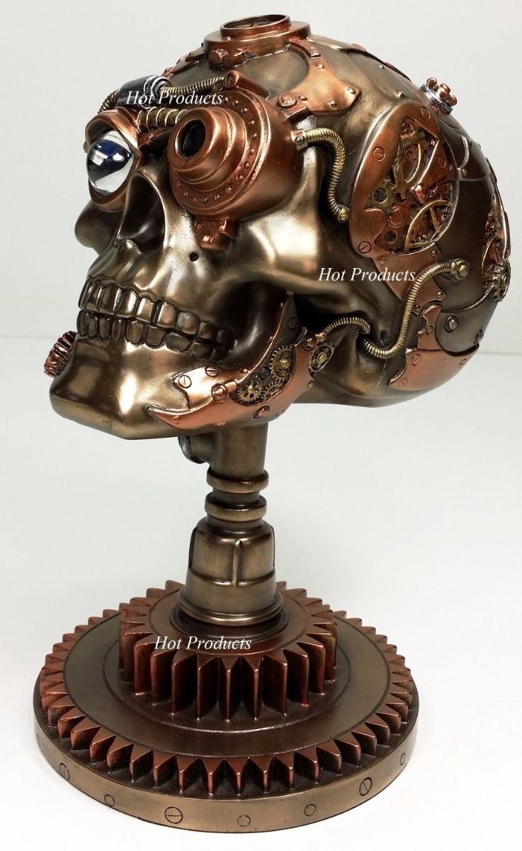 8 3/4" STEAMPUNK HUMAN SKULL on Gear Stand Statue Sculpture Bronze Copper Color