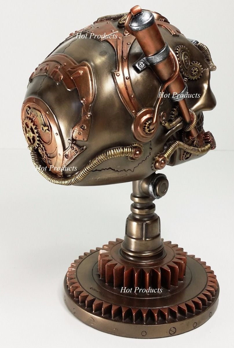 8 3/4" STEAMPUNK HUMAN SKULL on Gear Stand Statue Sculpture Bronze Copper Color