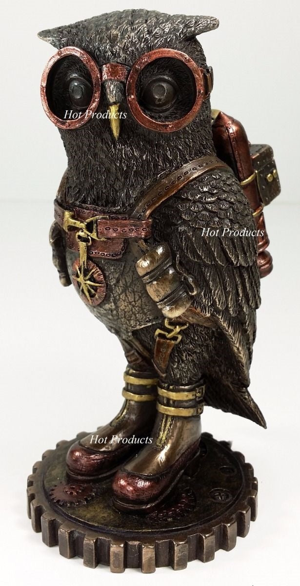 6" STEAMPUNK OWL Bird Goggles Jet pack Gear Stand Statue Figurine Bronze Color