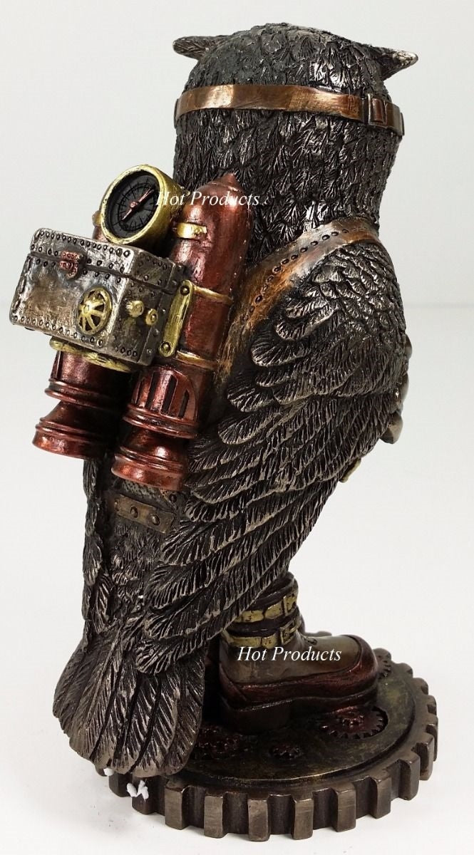 6" STEAMPUNK OWL Bird Goggles Jet pack Gear Stand Statue Figurine Bronze Color