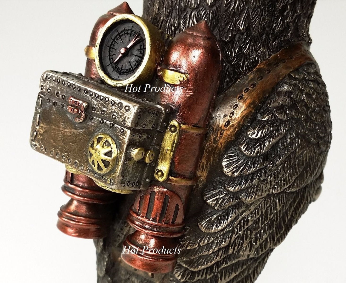 6" STEAMPUNK OWL Bird Goggles Jet pack Gear Stand Statue Figurine Bronze Color