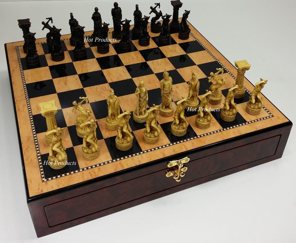 Greek Roman Gods Mythology Chess Set W/ 17" Walnut & Maple Color Storage Board