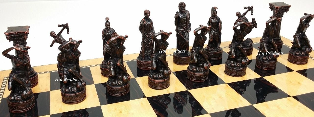 Greek Roman Gods Mythology Chess Set W/ 17" Walnut & Maple Color Storage Board
