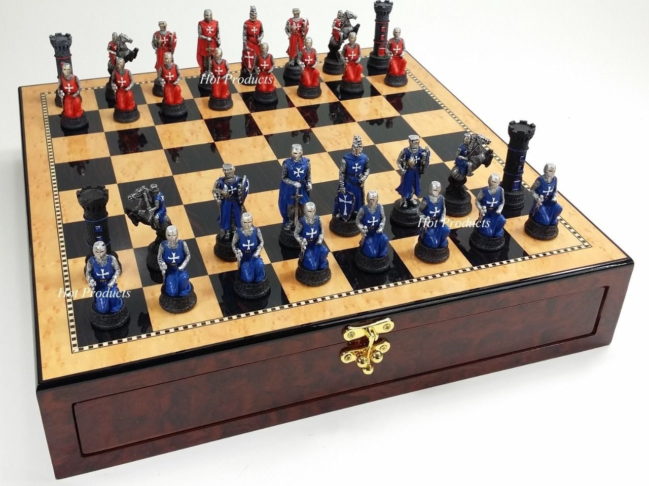 Medieval Times CRUSADE Maltese Red & Blue Chess Set Walnut Maple Color Storage B