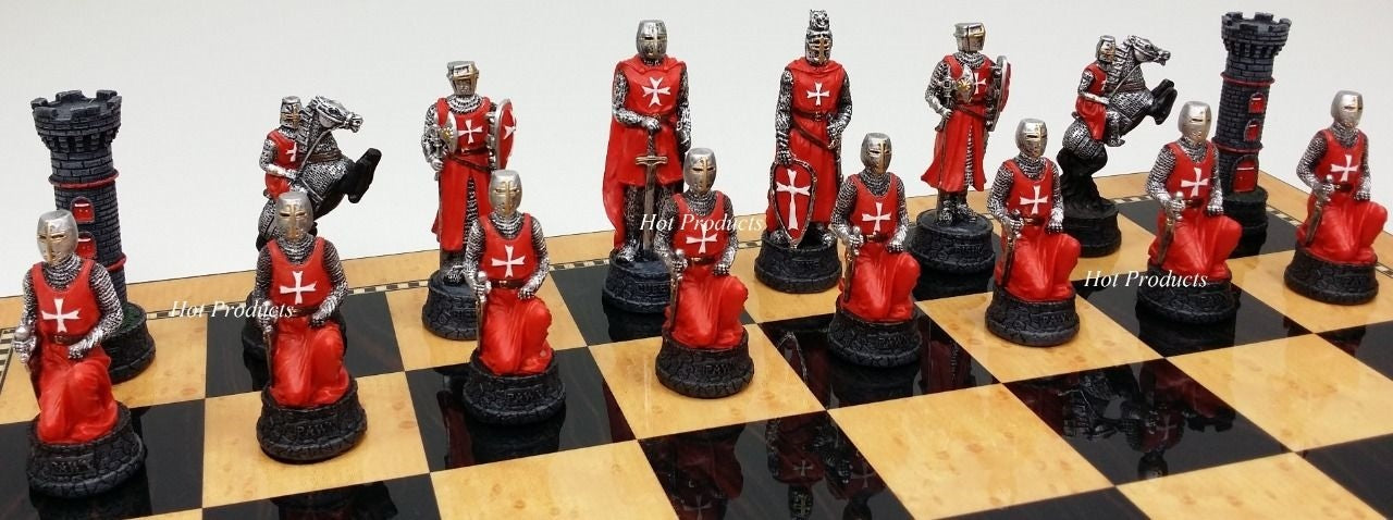 Medieval Times CRUSADE Maltese Red & Blue Chess Set Walnut Maple Color Storage B