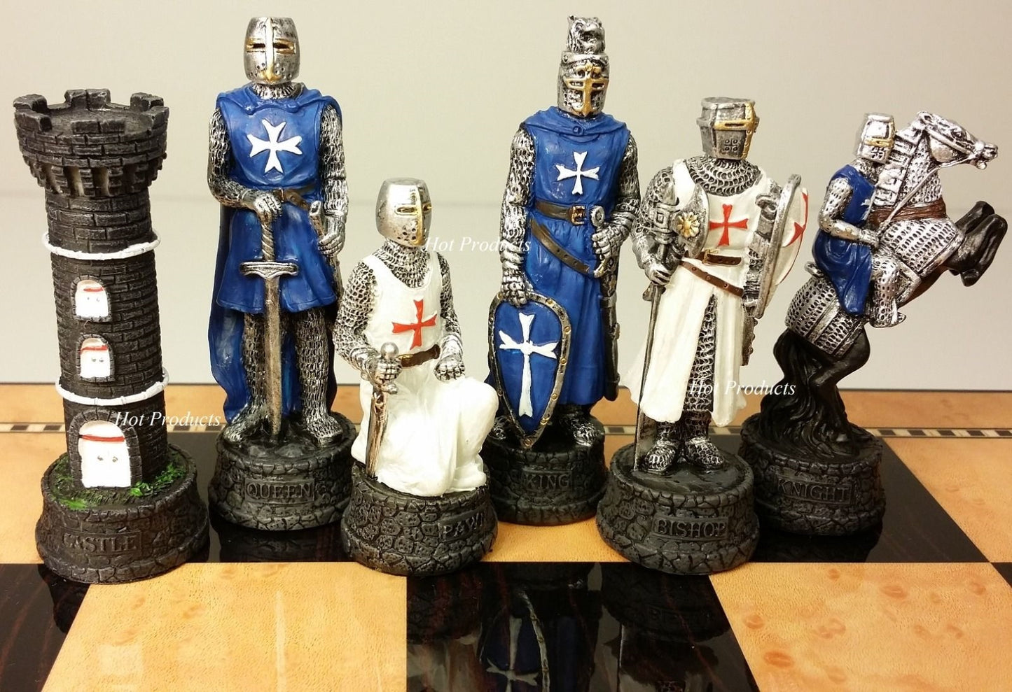 Medieval Times Crusades BLUE WHITE Maltese Chess Set Walnut Maple Color Storage