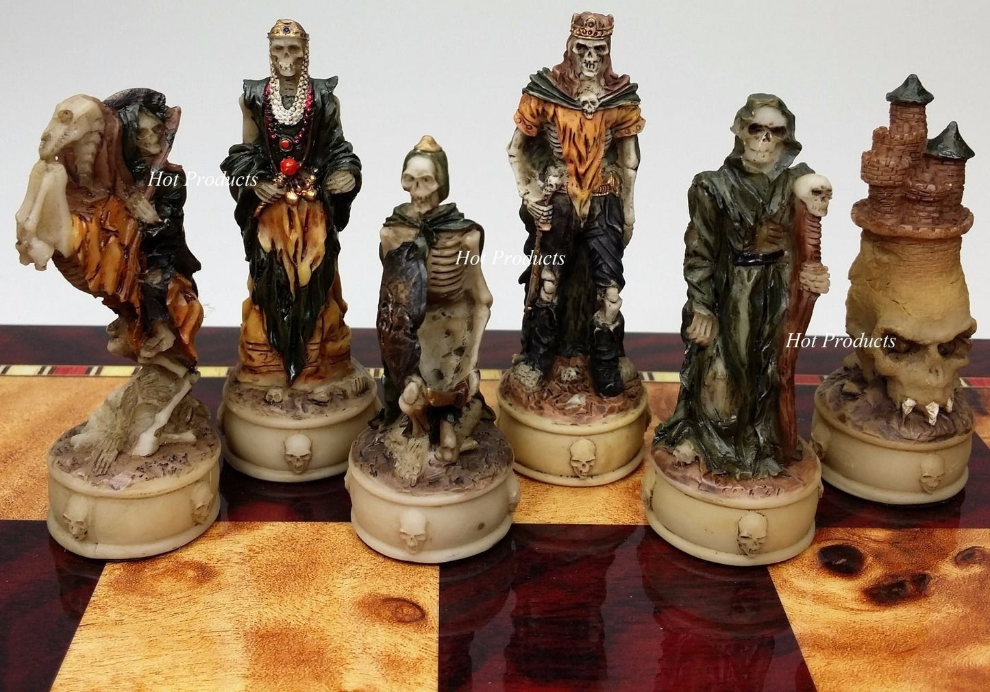 Skeleton Slayer Fantasy Gothic Skull Chess Pieces Set W/ 18" Cherry Color Board