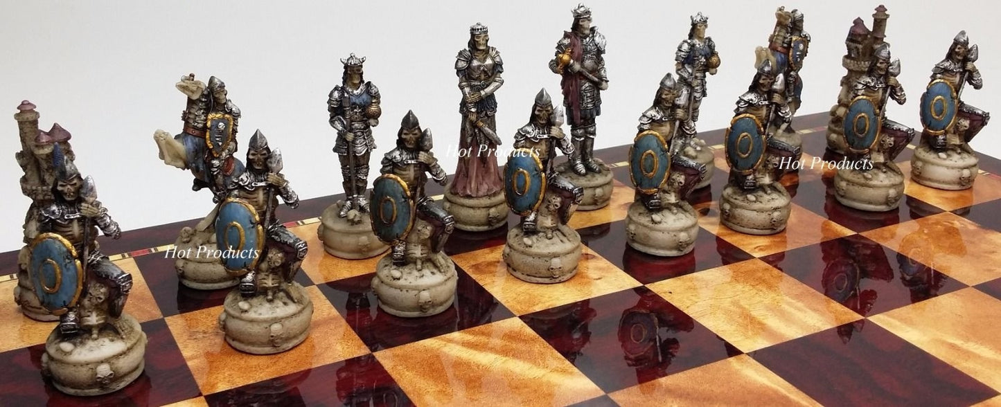 Skeleton Slayer Fantasy Gothic Skull Chess Pieces Set W/ 18" Cherry Color Board