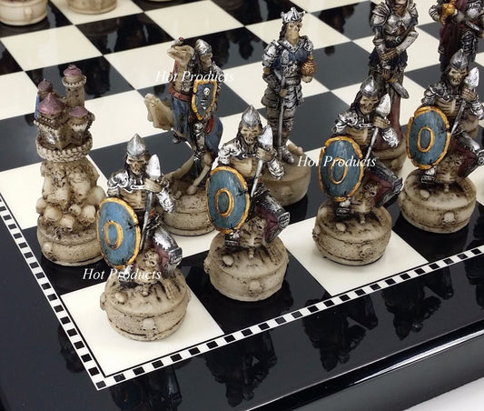 Medieval Times Skeleton Slayer Gothic Skull Chess Set W/ 15" BLACK & WHITE Board