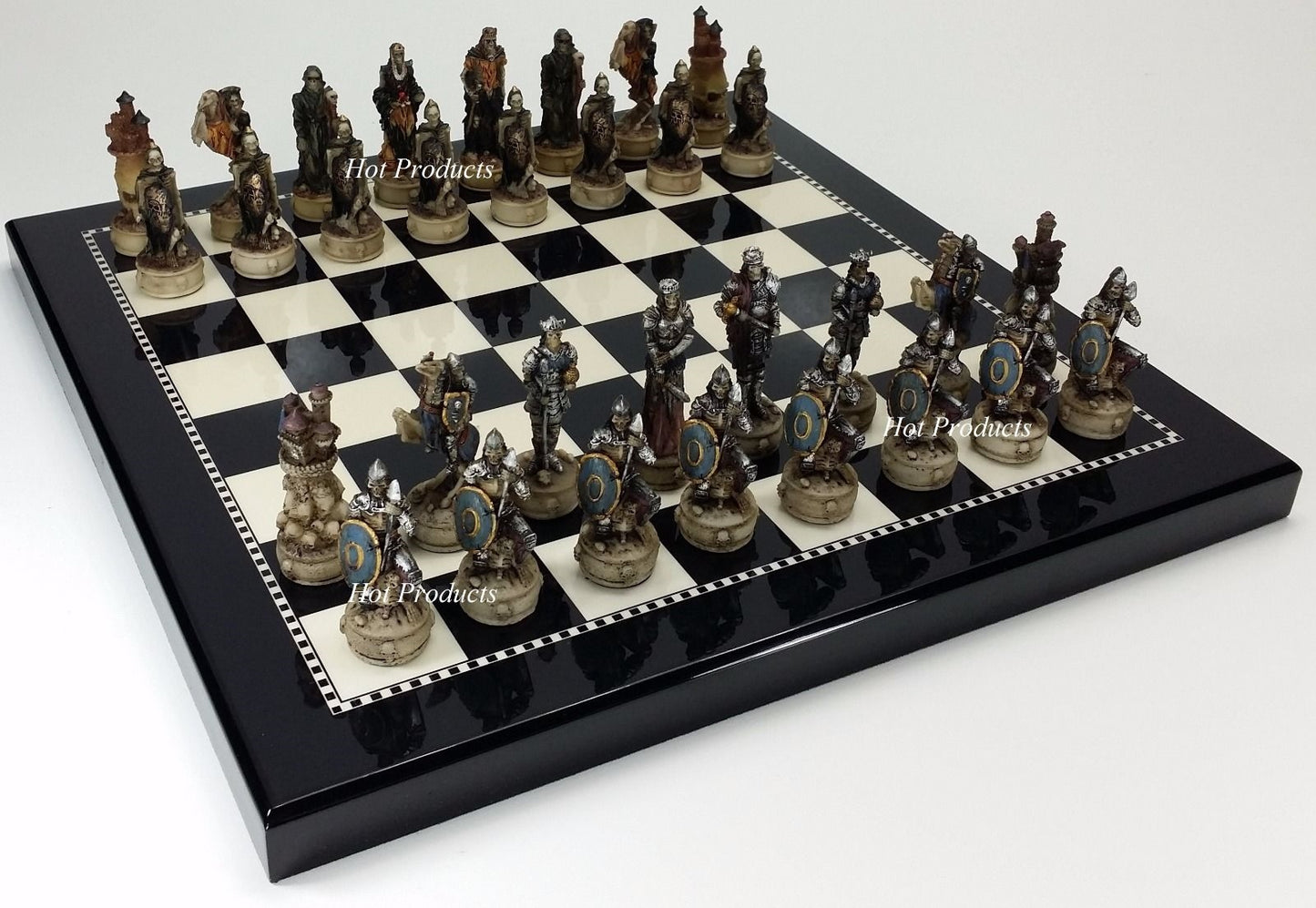 Medieval Times Skeleton Slayer Gothic Skull Chess Set W/ 15" BLACK & WHITE Board