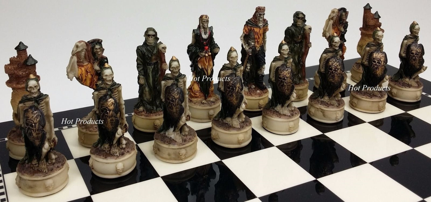 Medieval Times Skeleton Slayer Gothic Skull Chess Set W/ 15" BLACK & WHITE Board