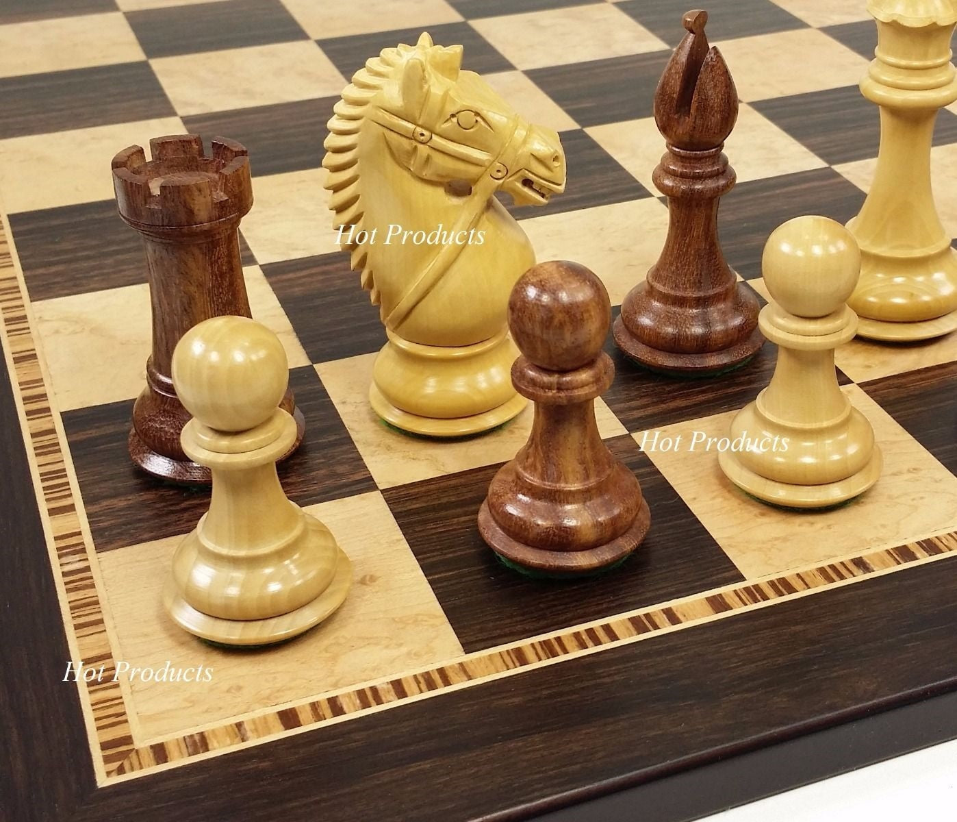 4" King Staunton Acacia BRIDLED Knight Chess Set 20 Ebony & Birdseye Maple Board