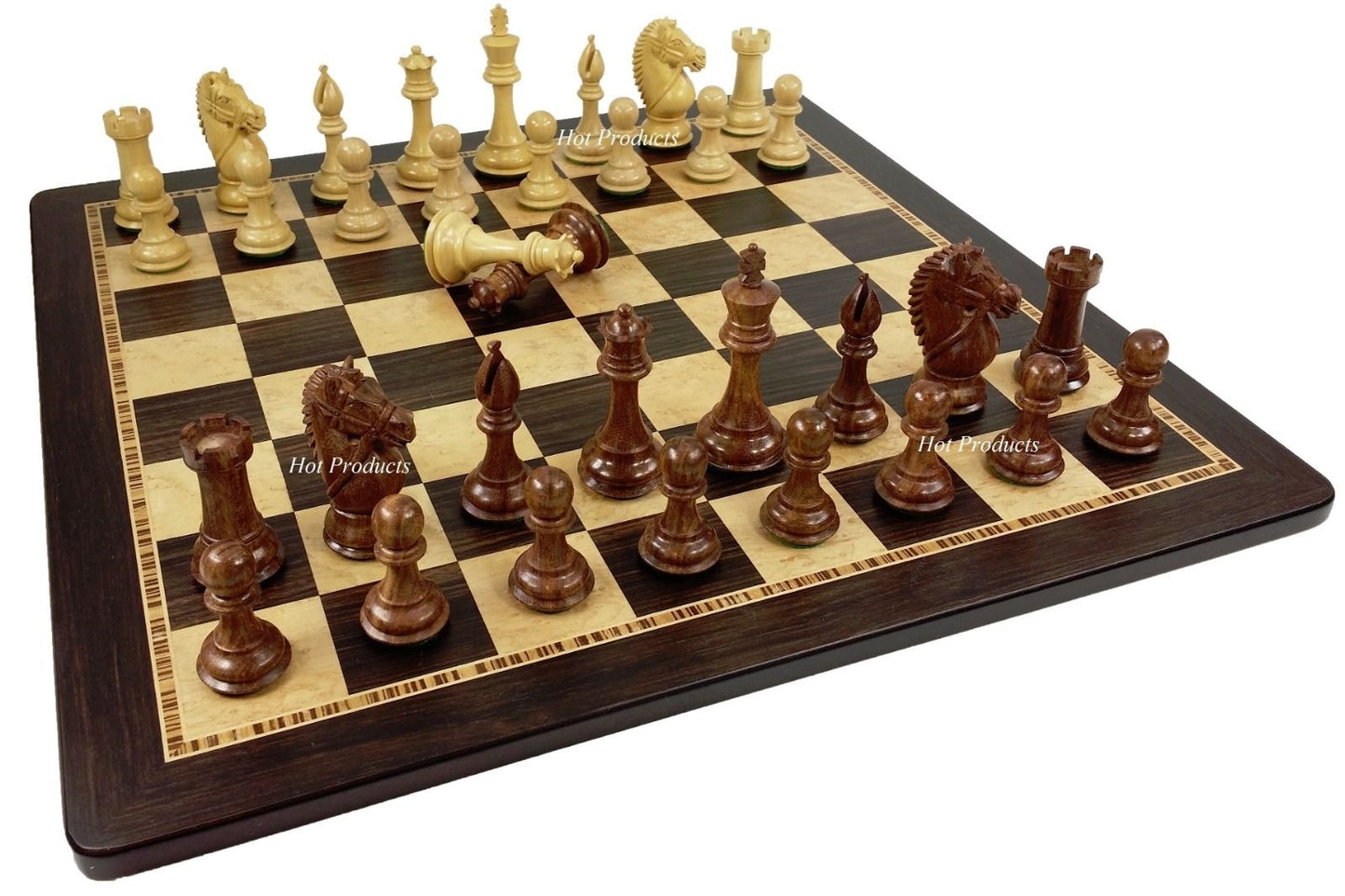 4" King Staunton Acacia BRIDLED Knight Chess Set 20 Ebony & Birdseye Maple Board