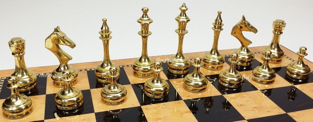 Real Brass Metal Gold & Black Modern Slim Staunton Chess Set 17" Storage Board