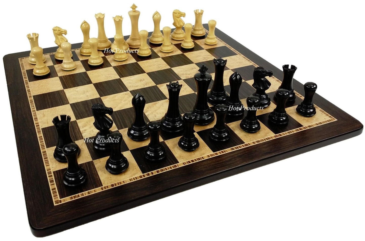 4 Q Black & Natural Empire Modern Staunton Wood Chess Men Set W/ 20" Ebony Board