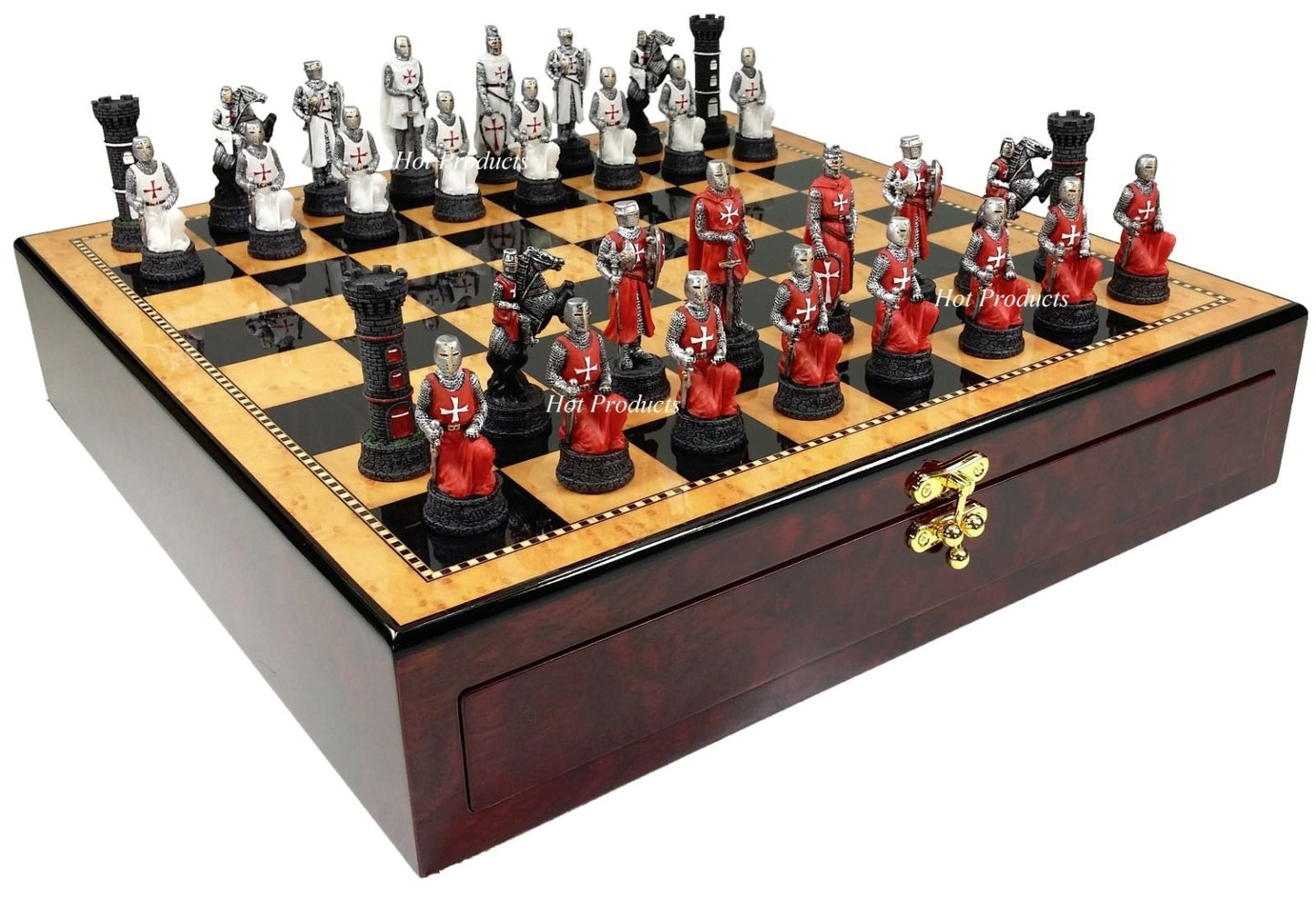 Medieval Times Crusades WARRIOR Red & White Chess Set Walnut Color Storage Board