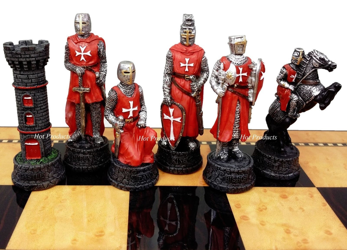 Medieval Times Crusades WARRIOR Red & White Chess Set Walnut Color Storage Board