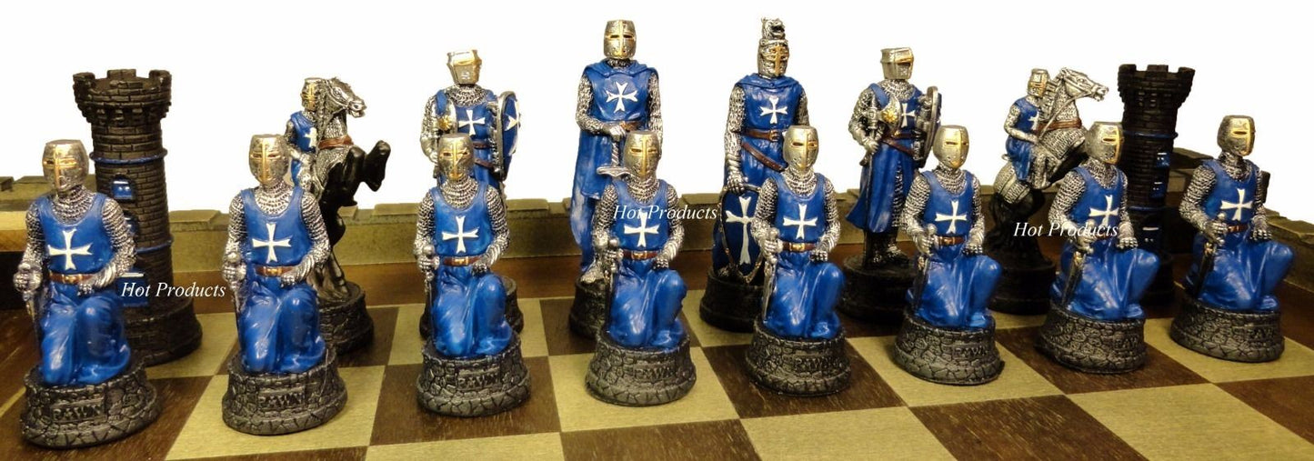 Medieval Times Crusades WARRIOR Knight Blue & White Chess set W Castle Board 17"