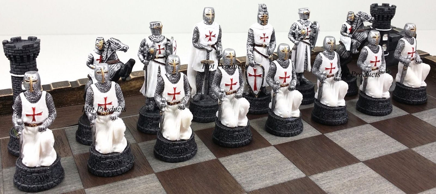 Medieval Times Crusades WARRIOR Knight Blue & White Chess set W Castle Board 17"