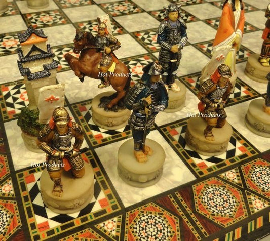 Japanese Samurai Warrior Chess Set With 17" Mosaic Color Board