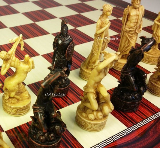 Zeus Greek Roman Mythology Gods Chess Set W/ 17" Cherry Color Board