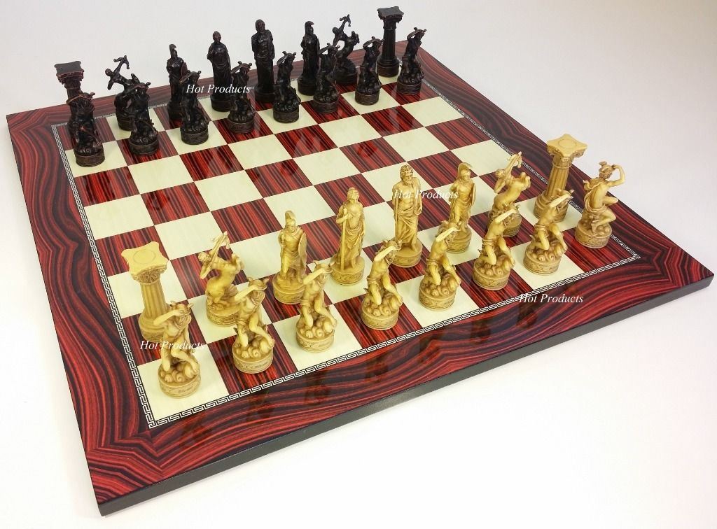 Zeus Greek Roman Mythology Gods Chess Set W/ 17" Cherry Color Board