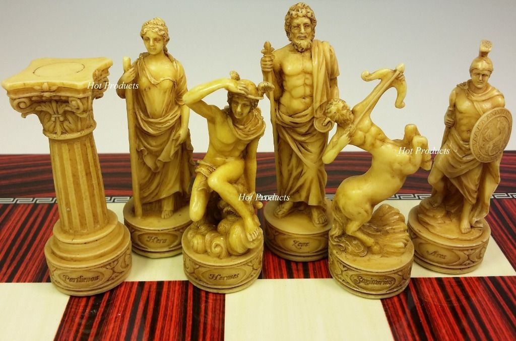 Zeus Greek Roman Mythology Gods Chess Set W/ 17" Cherry Color Board