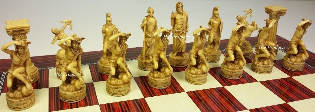 Zeus Greek Roman Mythology Gods Chess Set W/ 17" Cherry Color Board