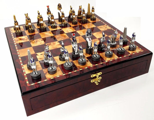 Egyptian Anubis Chess Men Set Gold & Silver W/ Color Accents & Storage Board CY