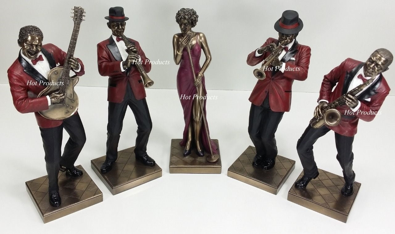 5 PC - JAZZ BAND COLLECTION SINGER SAXOPHONE GUITAR TRUMPET CLARINET Statue