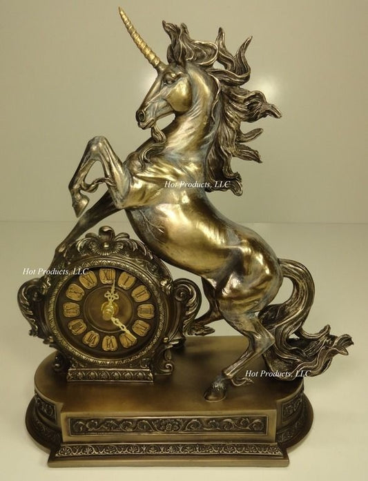 12.5" UNICORN CLOCK DECOR Sculpture Figurine Statue Antique Bronze Finish