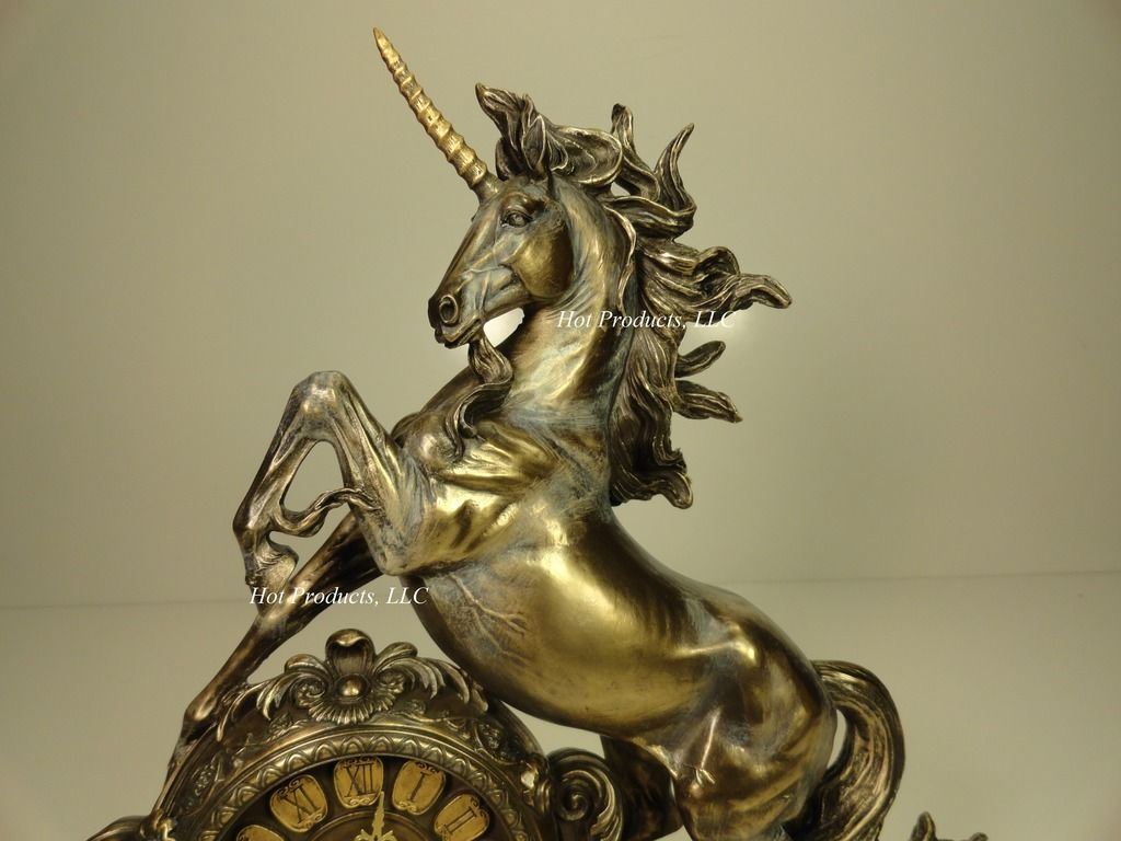 12.5" UNICORN CLOCK DECOR Sculpture Figurine Statue Antique Bronze Finish