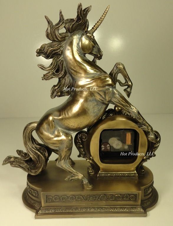 12.5" UNICORN CLOCK DECOR Sculpture Figurine Statue Antique Bronze Finish