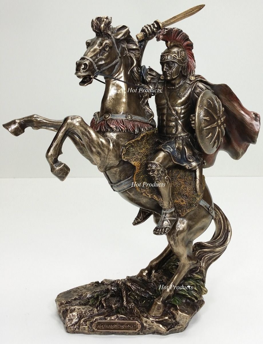 13" Alexander The Great on Horse Greek King Statue Bronze Finish Sculpture