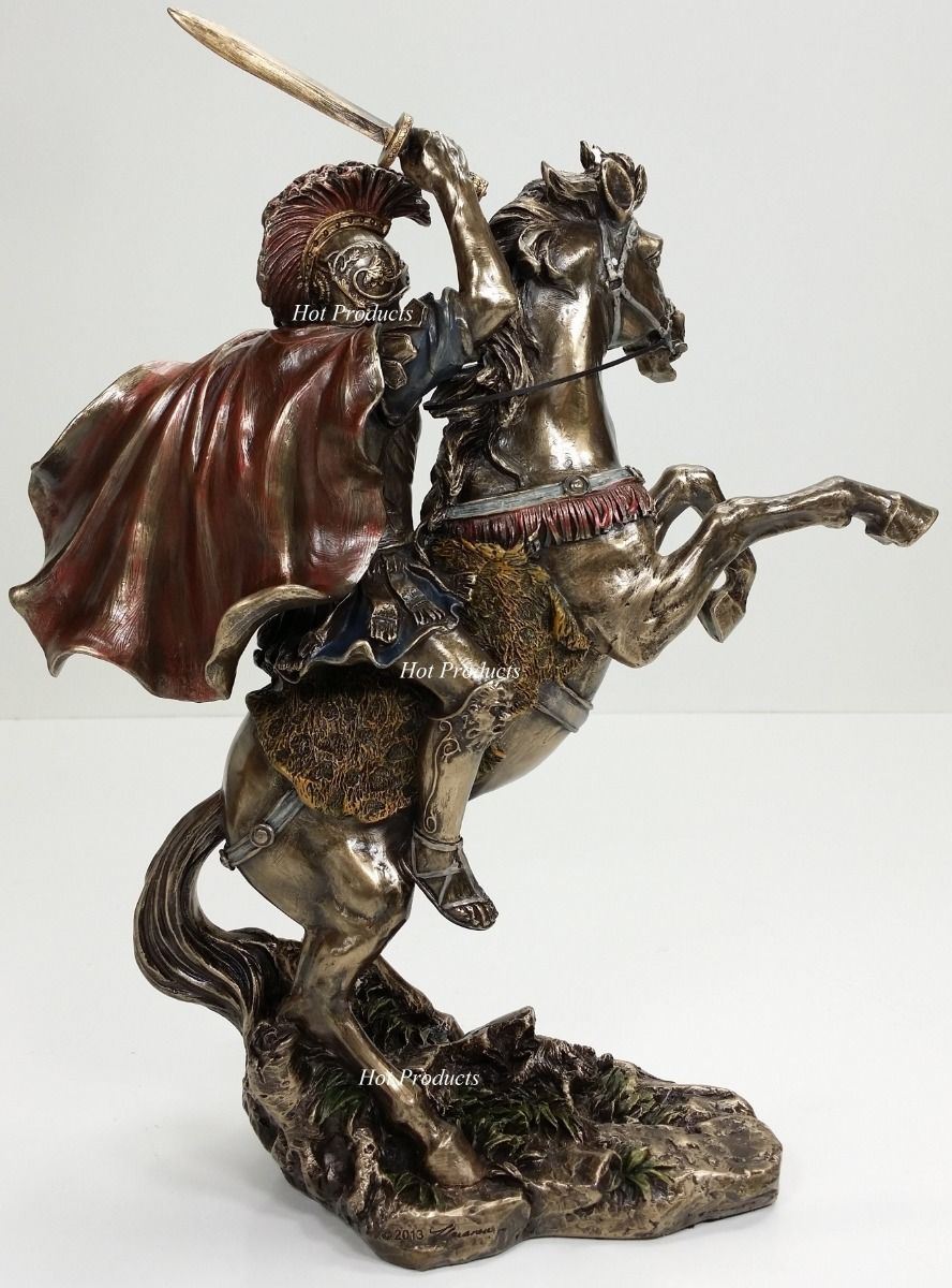 13" Alexander The Great on Horse Greek King Statue Bronze Finish Sculpture