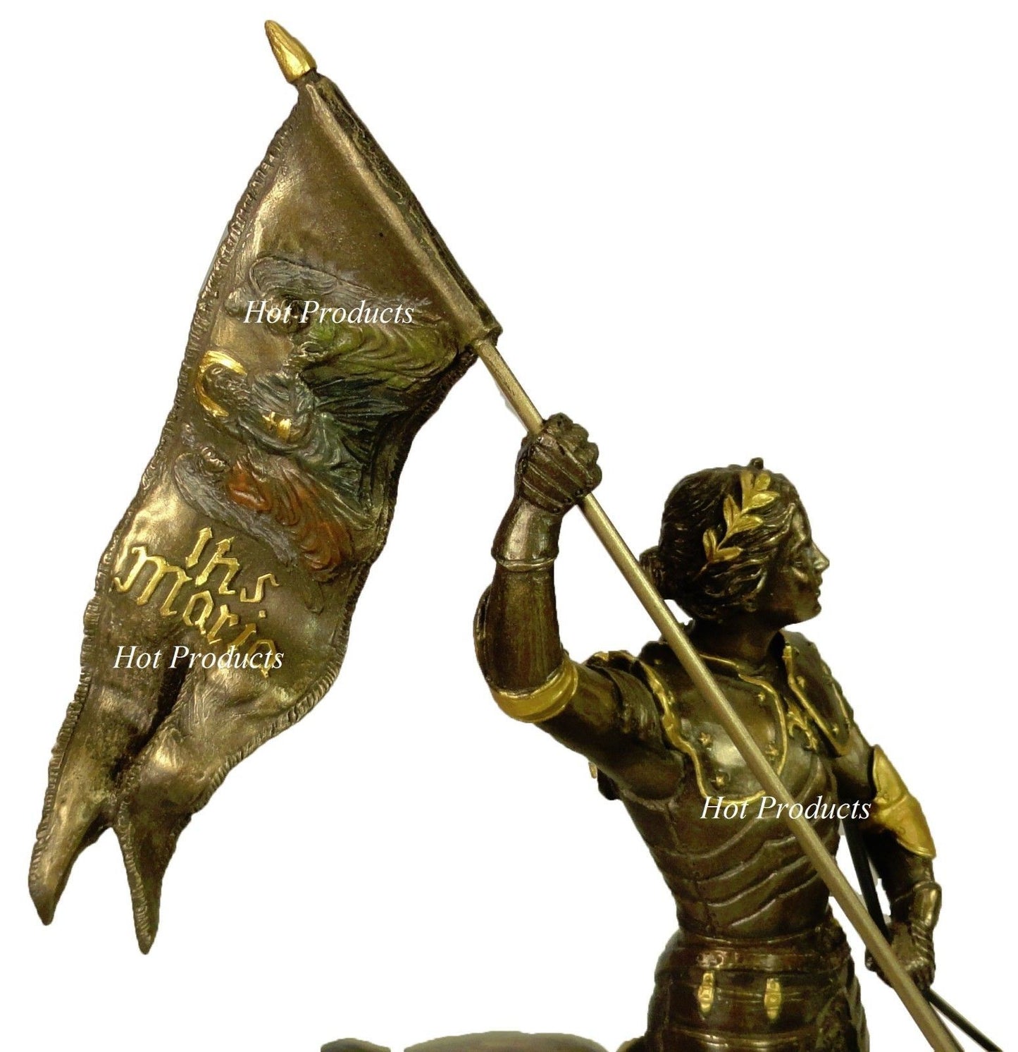 Roman Catholic Saint Joan of Arc on Horse W/ Flag Sculpture Statue Bronze Finish