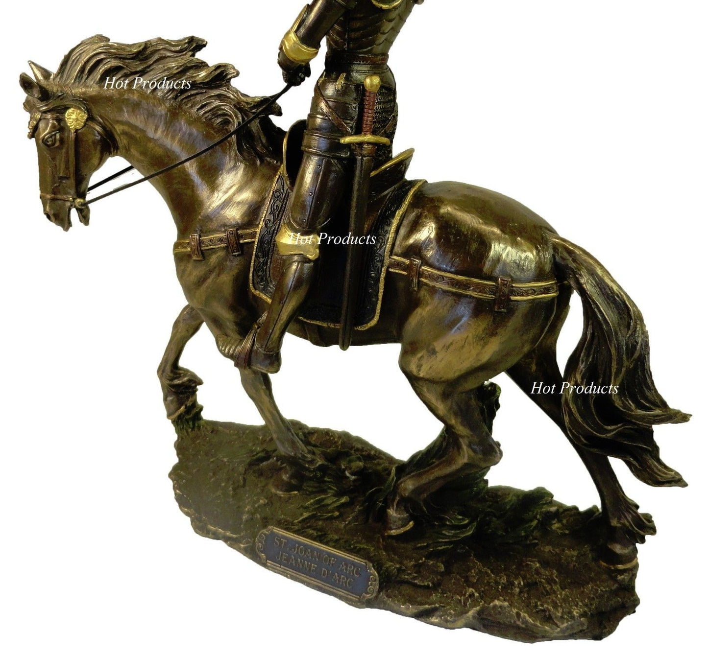 Roman Catholic Saint Joan of Arc on Horse W/ Flag Sculpture Statue Bronze Finish