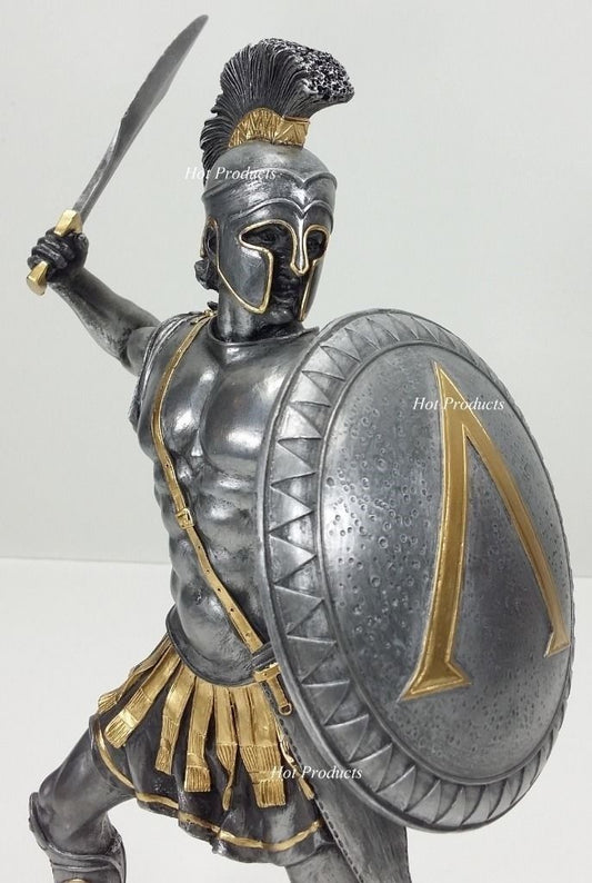 13" Spartan Greek Warrior Statue W/ Hoplite Shield & Sword Pewter & Gold Color