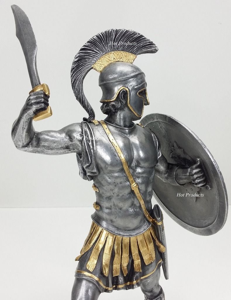 13" Spartan Greek Warrior Statue W/ Hoplite Shield & Sword Pewter & Gold Color