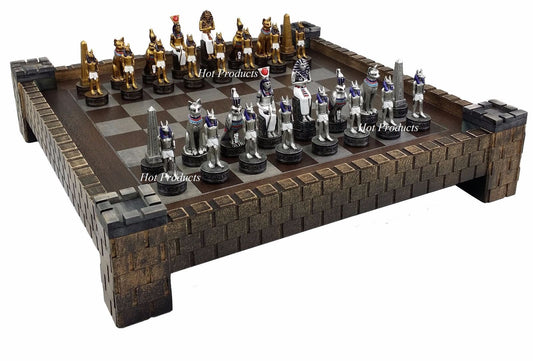 Egyptian Anubis Gold & Silver Chess Men Set W/ Color Accents & Castle Board