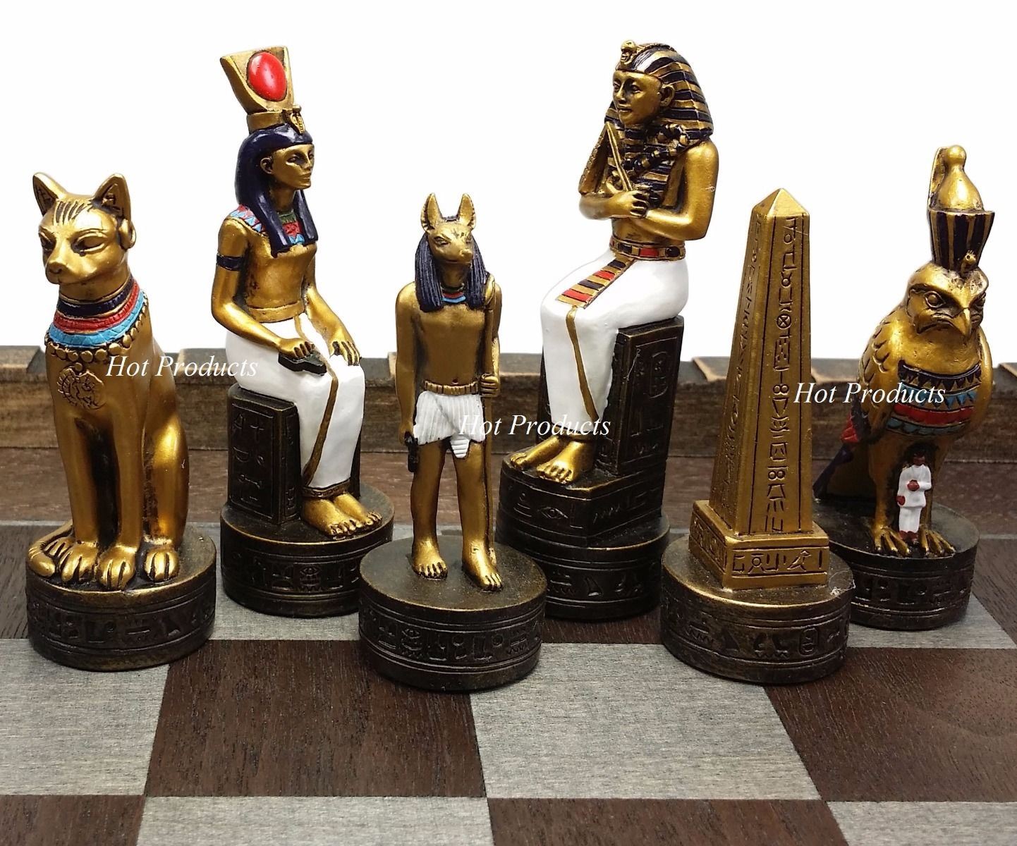 Egyptian Anubis Gold & Silver Chess Men Set W/ Color Accents & Castle Board