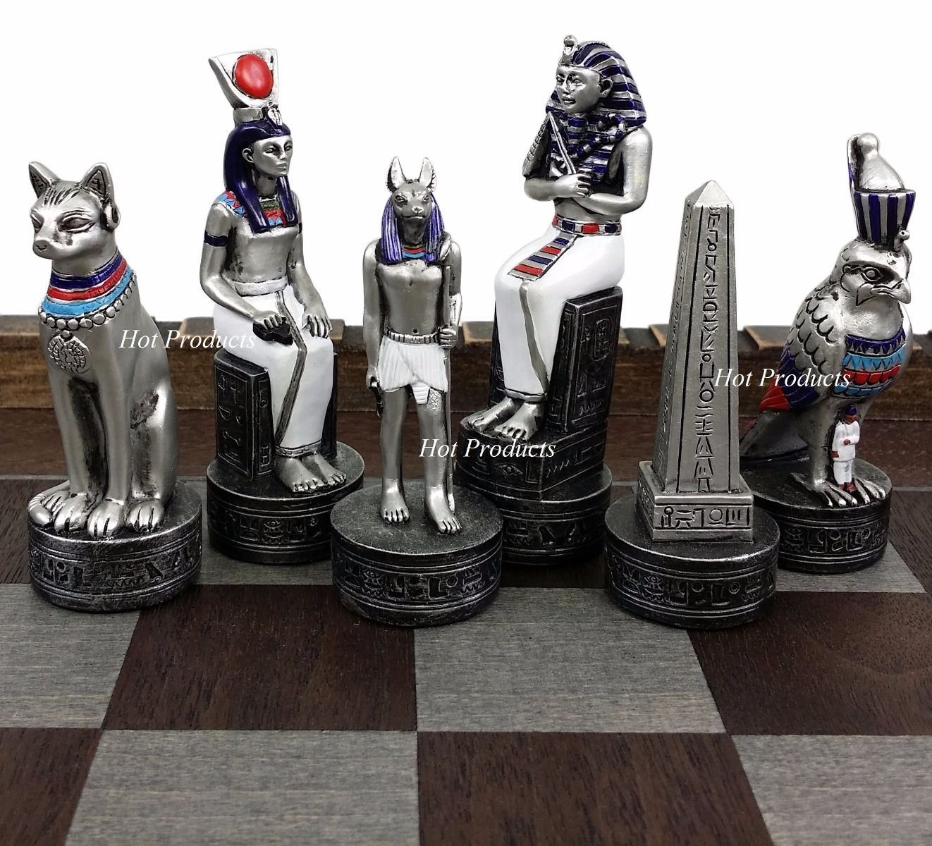 Egyptian Anubis Gold & Silver Chess Men Set W/ Color Accents & Castle Board