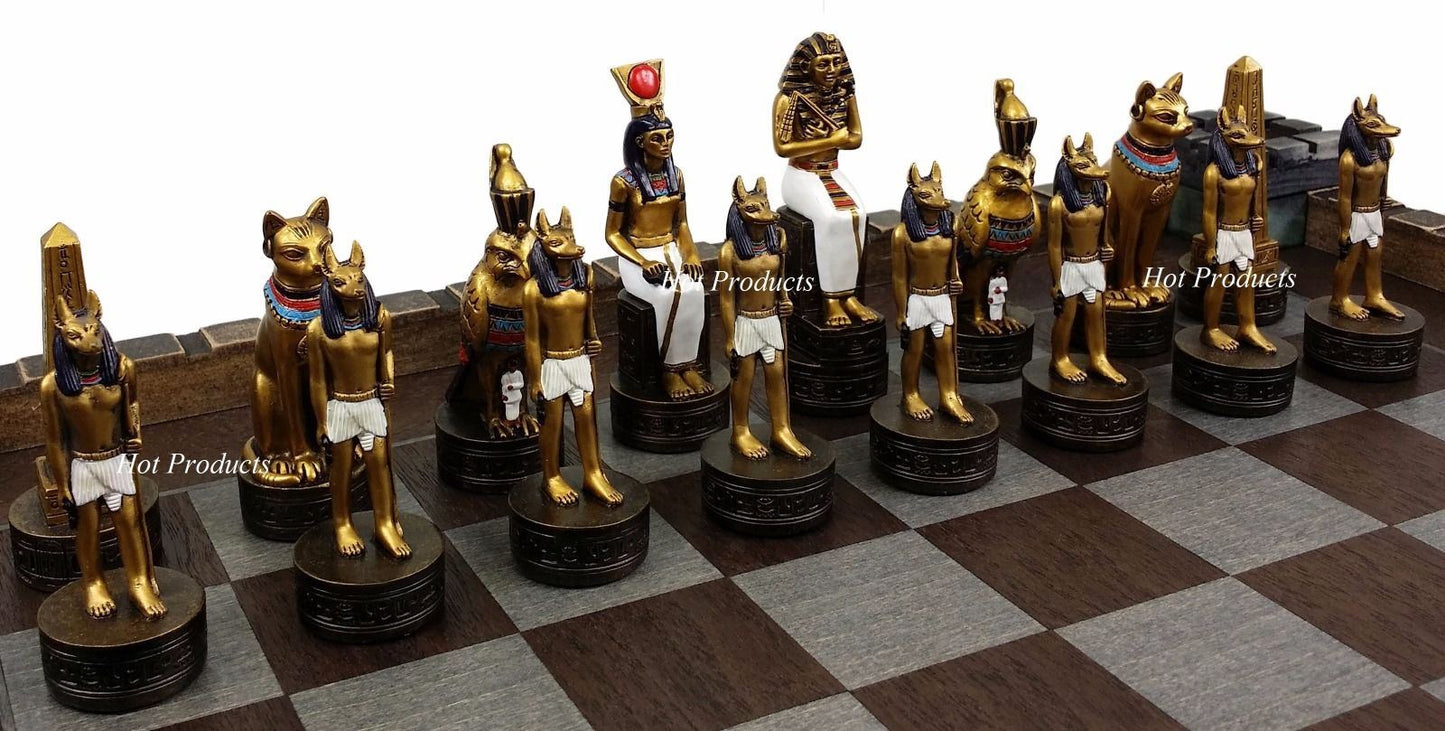 Egyptian Anubis Gold & Silver Chess Men Set W/ Color Accents & Castle Board