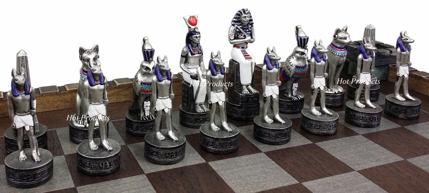 Egyptian Anubis Gold & Silver Chess Men Set W/ Color Accents & Castle Board