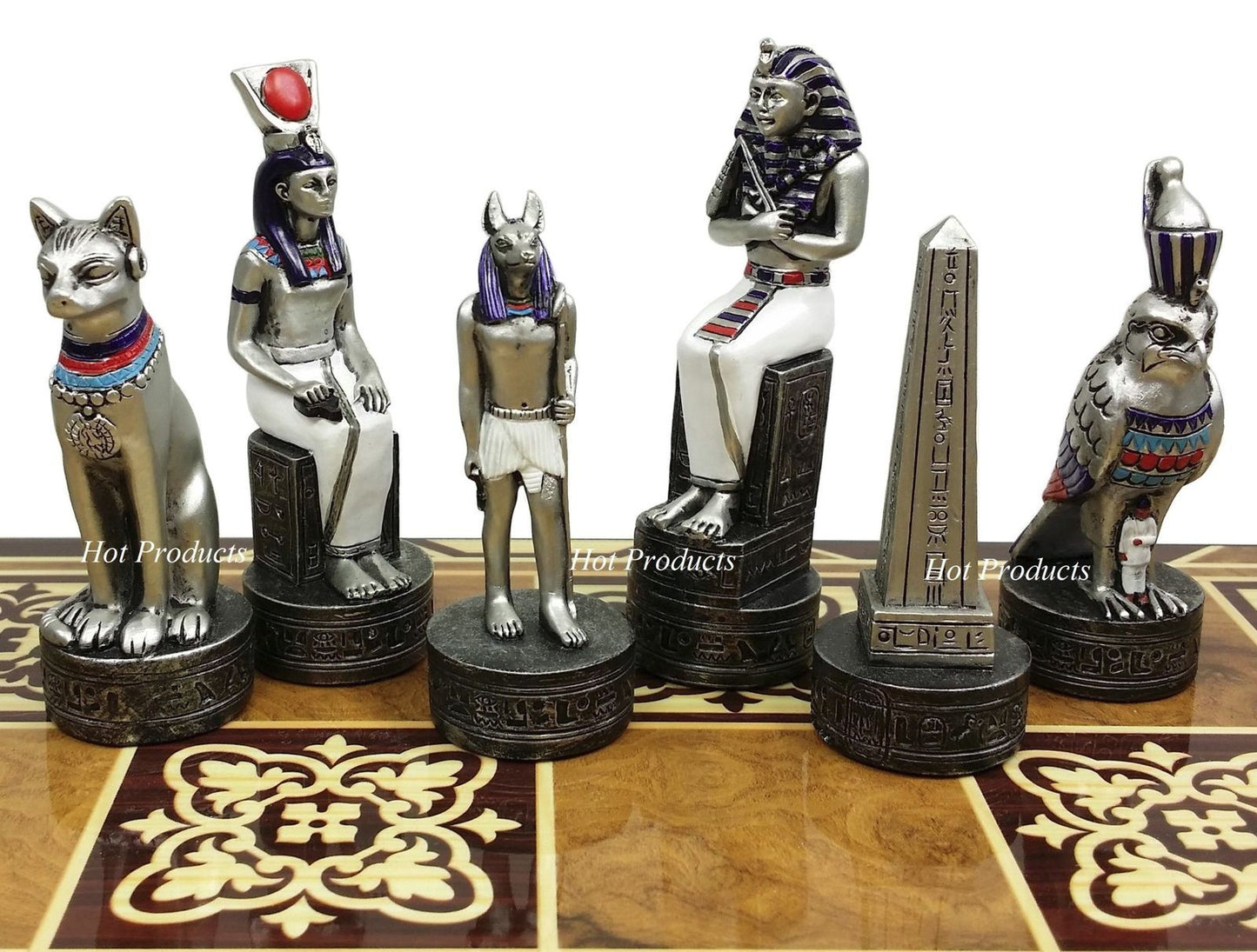 Egyptian Anubis Chess Set Gold & Silver Painted Men 17" Burlwood Color Board
